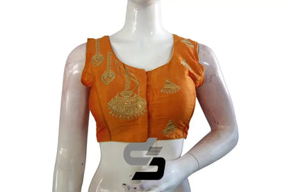 Mustard Orange High Neck Designer Embroidered Saree Blouses: Vibrant Transformation - D3blouses