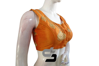 Mustard Orange High Neck Designer Embroidered Saree Blouses: Vibrant Transformation - D3blouses