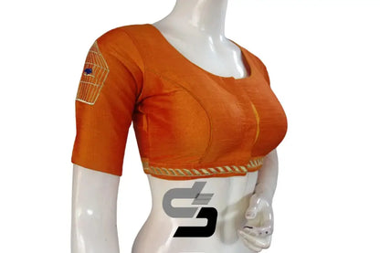 Mustard Orange High Neck Designer Embroidery Saree Blouses - Embrace Sophistication! - D3blouses