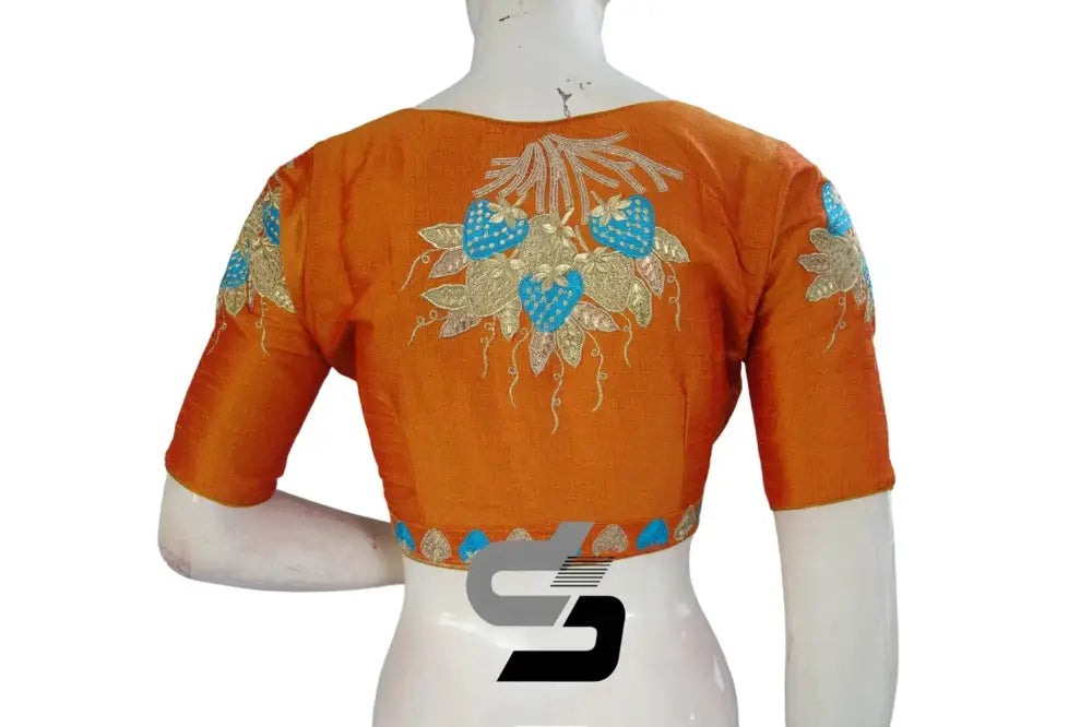 Mustard Orange High Neck Embroidered Saree Blouses - Effortlessly Elegant! - D3blouses