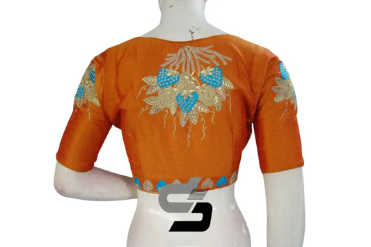 Mustard Orange High Neck Embroidered Saree Blouses - Effortlessly Elegant! - D3blouses