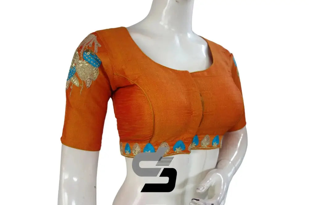 Mustard Orange High Neck Embroidered Saree Blouses - Effortlessly Elegant! - D3blouses