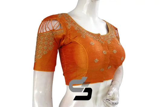 Mustard Orange High Neck Embroidered Silk Saree Blouses - Dazzling Style! - D3blouses