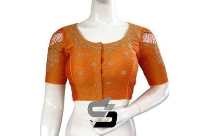 Mustard Orange High Neck Embroidered Silk Saree Blouses - Dazzling Style! - D3blouses