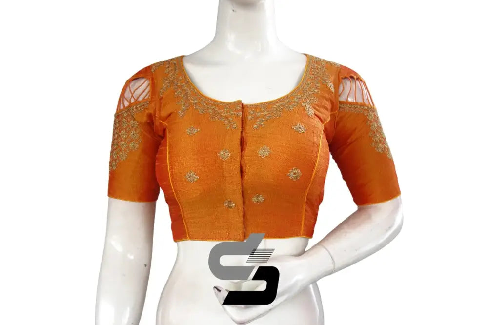 Mustard Orange High Neck Embroidered Silk Saree Blouses - Dazzling Style! - D3blouses