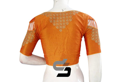 Mustard Orange High Neck Embroidered Silk Saree Blouses - Dazzling Style! - D3blouses