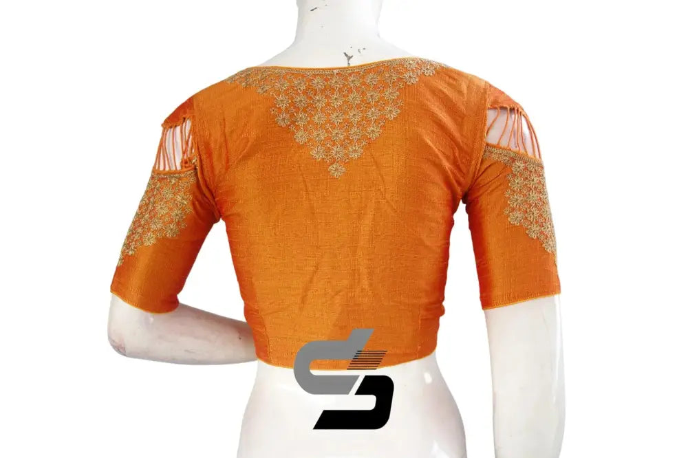 Mustard Orange High Neck Embroidered Silk Saree Blouses - Dazzling Style! - D3blouses