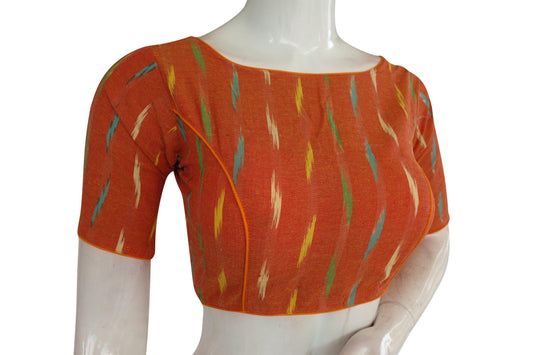 Mustard Orange Ikkat Boat Neck Designer Saree Blouses: Vibrant Elegance - D3blouses