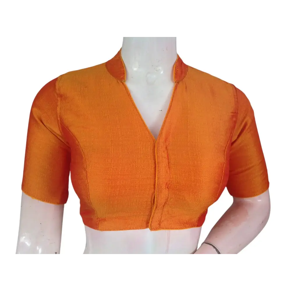 Mustard Semi Raw Silk Saree Blouse – Collar Neck, Stitched & Ready to Wear with Cotton Lining - D3blouses