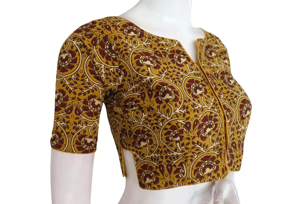 Mustard Yellow Color Ajrakh Boat Neck Cotton Readymade Blouse, Designer Summer Collection - D3blouses