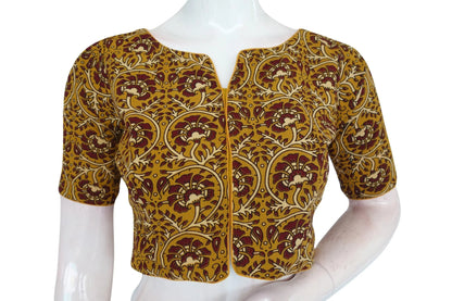 Mustard Yellow Color Ajrakh Boat Neck Cotton Readymade Blouse, Designer Summer Collection - D3blouses