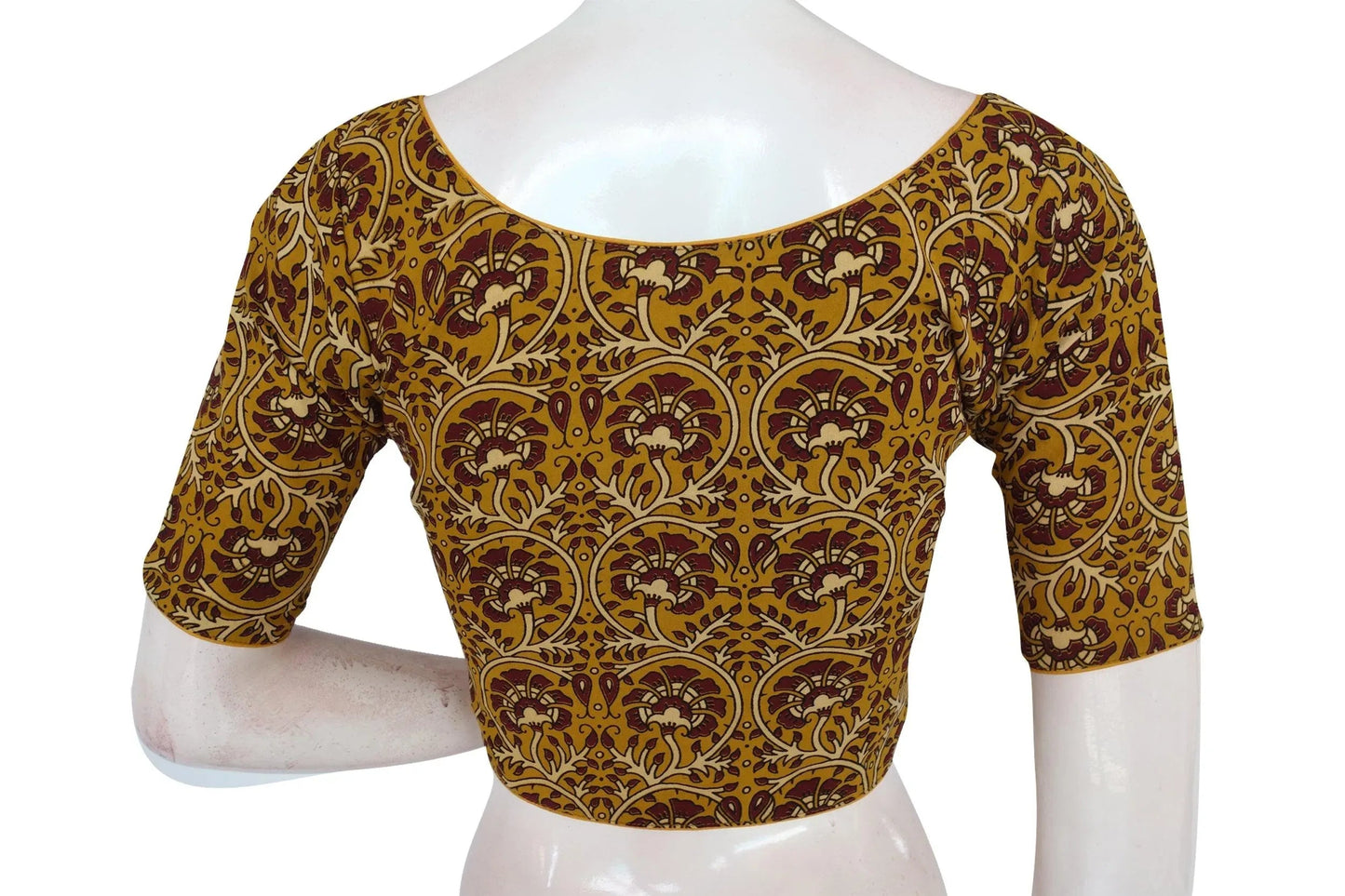 Mustard Yellow Color Ajrakh Boat Neck Cotton Readymade Blouse, Designer Summer Collection - D3blouses