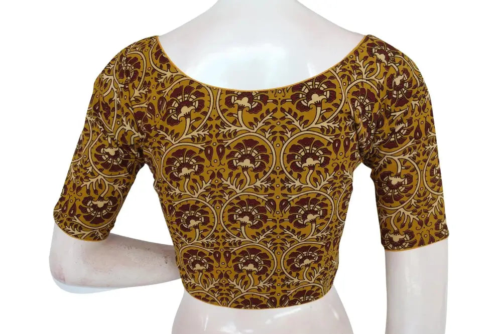 Mustard Yellow Color Ajrakh Boat Neck Cotton Readymade Blouse, Designer Summer Collection - D3blouses