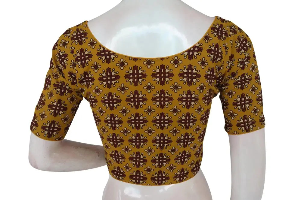 Mustard Yellow Color Ajrakh Boat Neck Cotton Readymade Blouse, Summer Collection Online - D3blouses