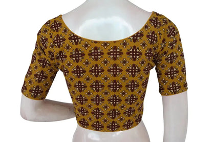 Mustard Yellow Color Ajrakh Boat Neck Cotton Readymade Blouse, Summer Collection Online - D3blouses