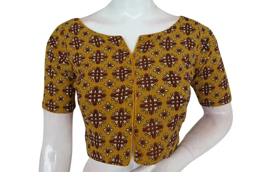 Mustard Yellow Color Ajrakh Boat Neck Cotton Readymade Blouse, Summer Collection Online - D3blouses