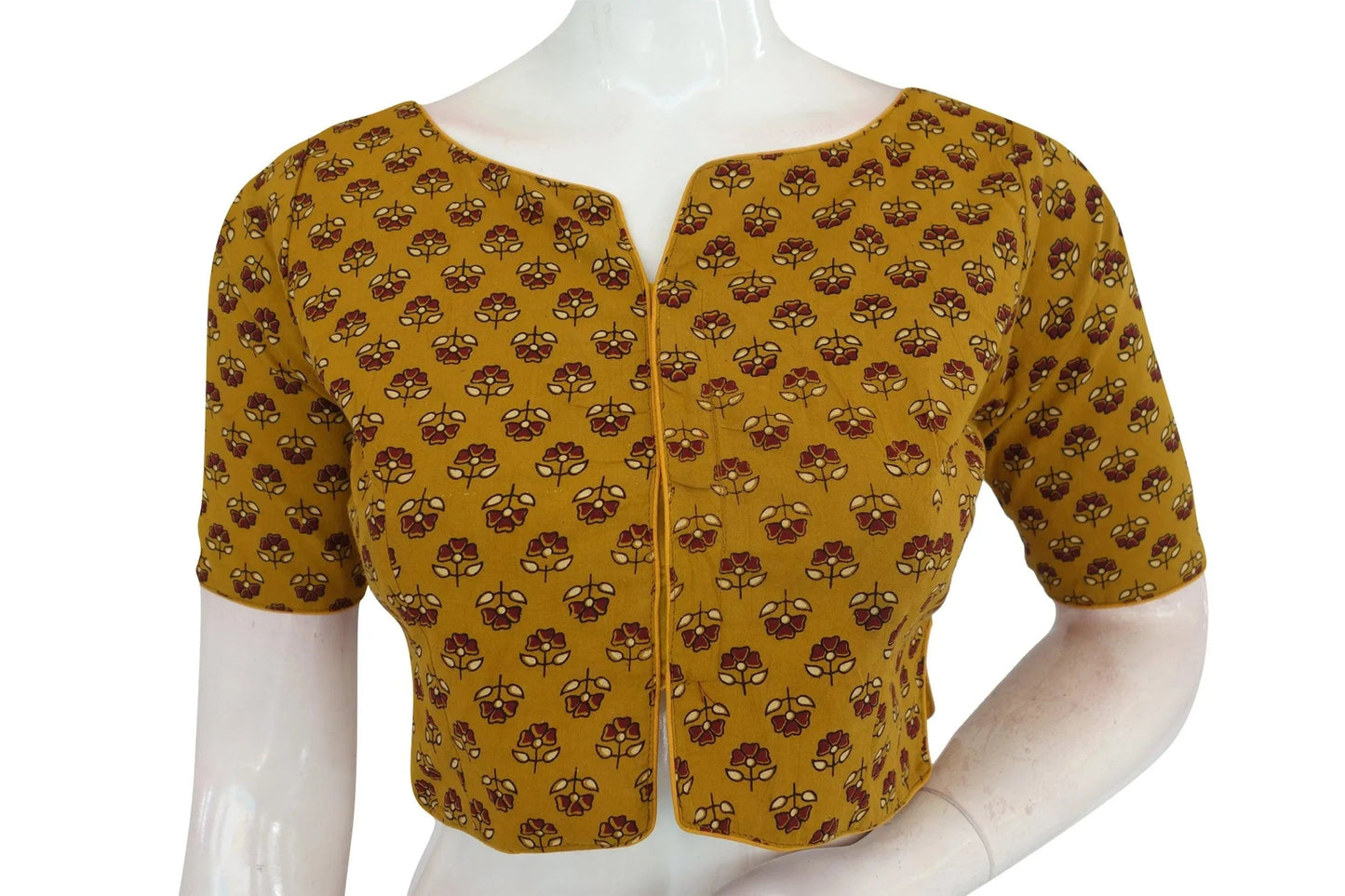 Mustard Yellow Color Ajrakh Boat Neck Cotton Readymade Blouse, Summer Wear for Sale - D3blouses