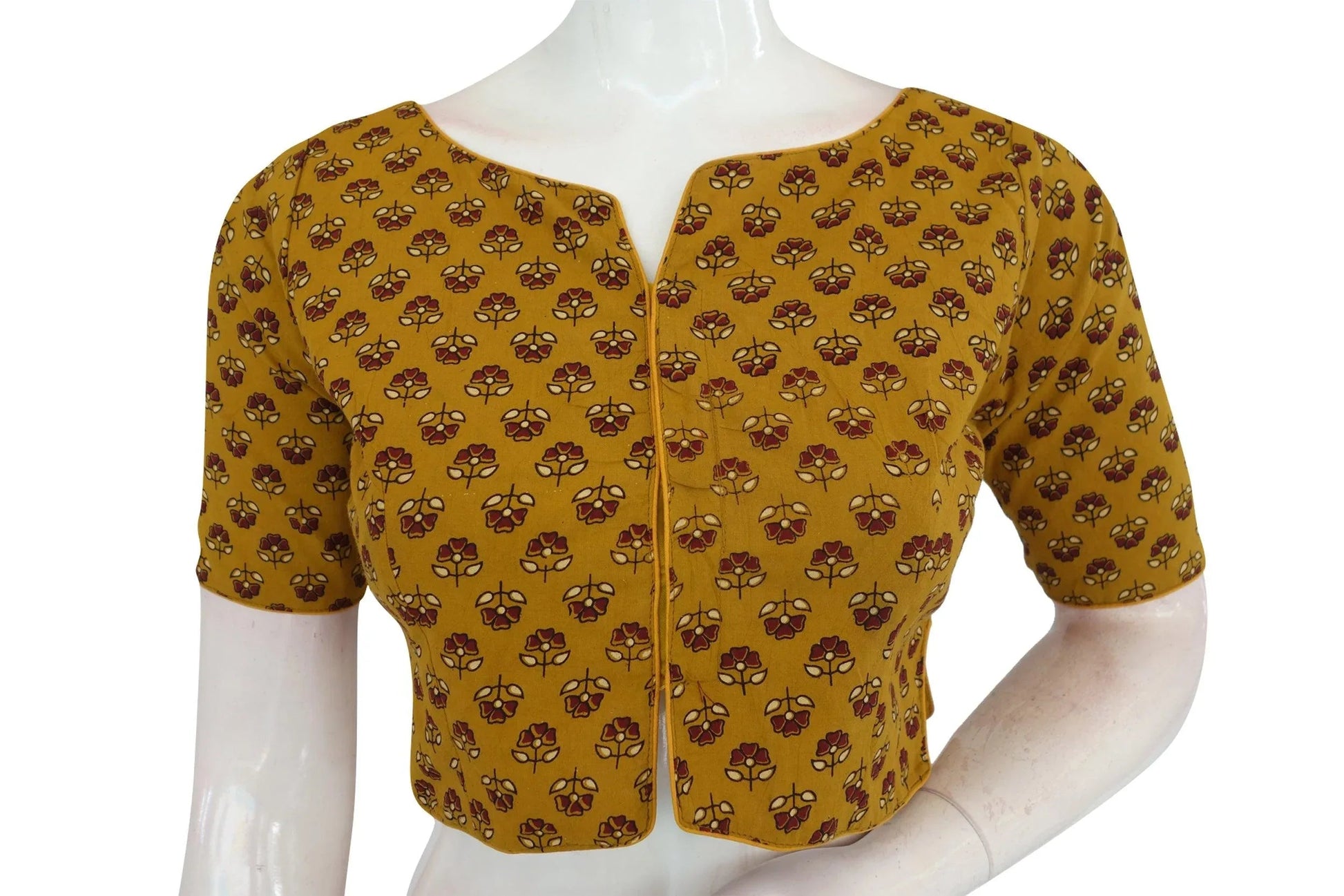 Mustard Yellow Color Ajrakh Boat Neck Cotton Readymade Blouse, Summer Wear for Sale - D3blouses