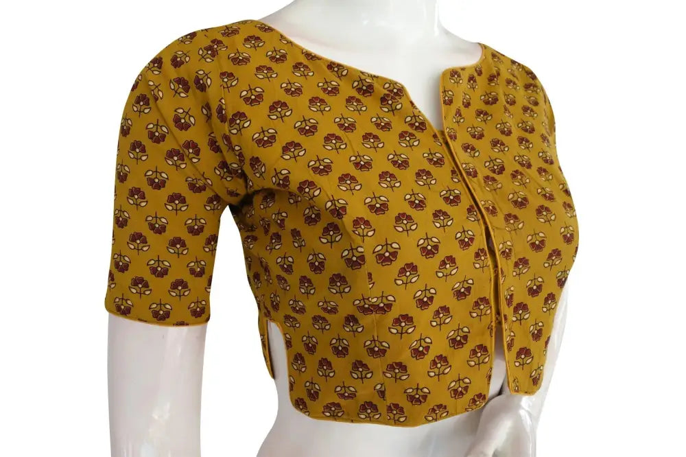Mustard Yellow Color Ajrakh Boat Neck Cotton Readymade Blouse, Summer Wear for Sale - D3blouses