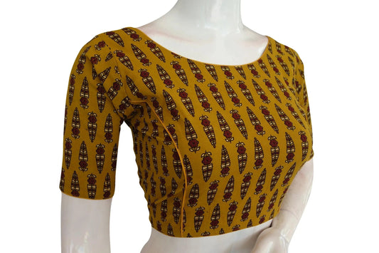 Mustard Yellow Color Ajrakh Cotton Boat Neck Saree Designer Blouse, Comfortable Summer Wear - D3blouses