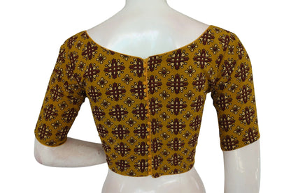 Mustard Yellow Color Ajrakh Cotton Boat Neck Saree Designer Blouse, Indian Readymade Blouse - D3blouses