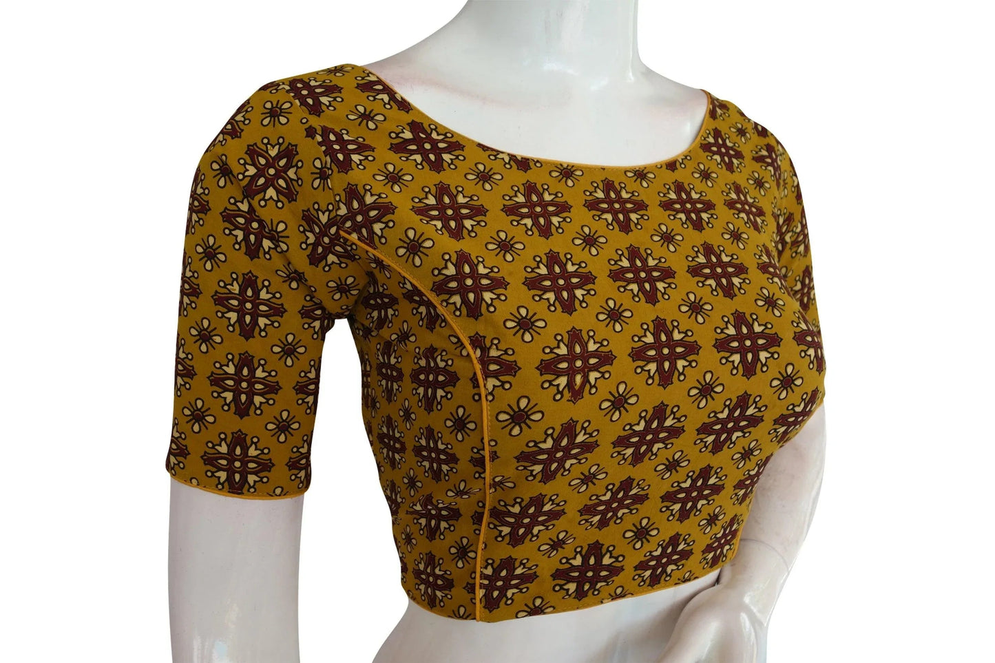 Mustard Yellow Color Ajrakh Cotton Boat Neck Saree Designer Blouse, Indian Readymade Blouse - D3blouses