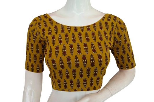 Mustard Yellow Color Ajrakh Cotton Boat Neck Saree Designer Blouse, Comfortable Summer Wear - D3blouses