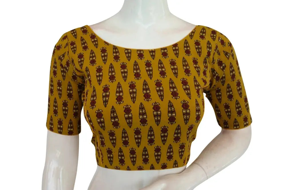Mustard Yellow Color Ajrakh Cotton Boat Neck Saree Designer Blouse, Comfortable Summer Wear - D3blouses