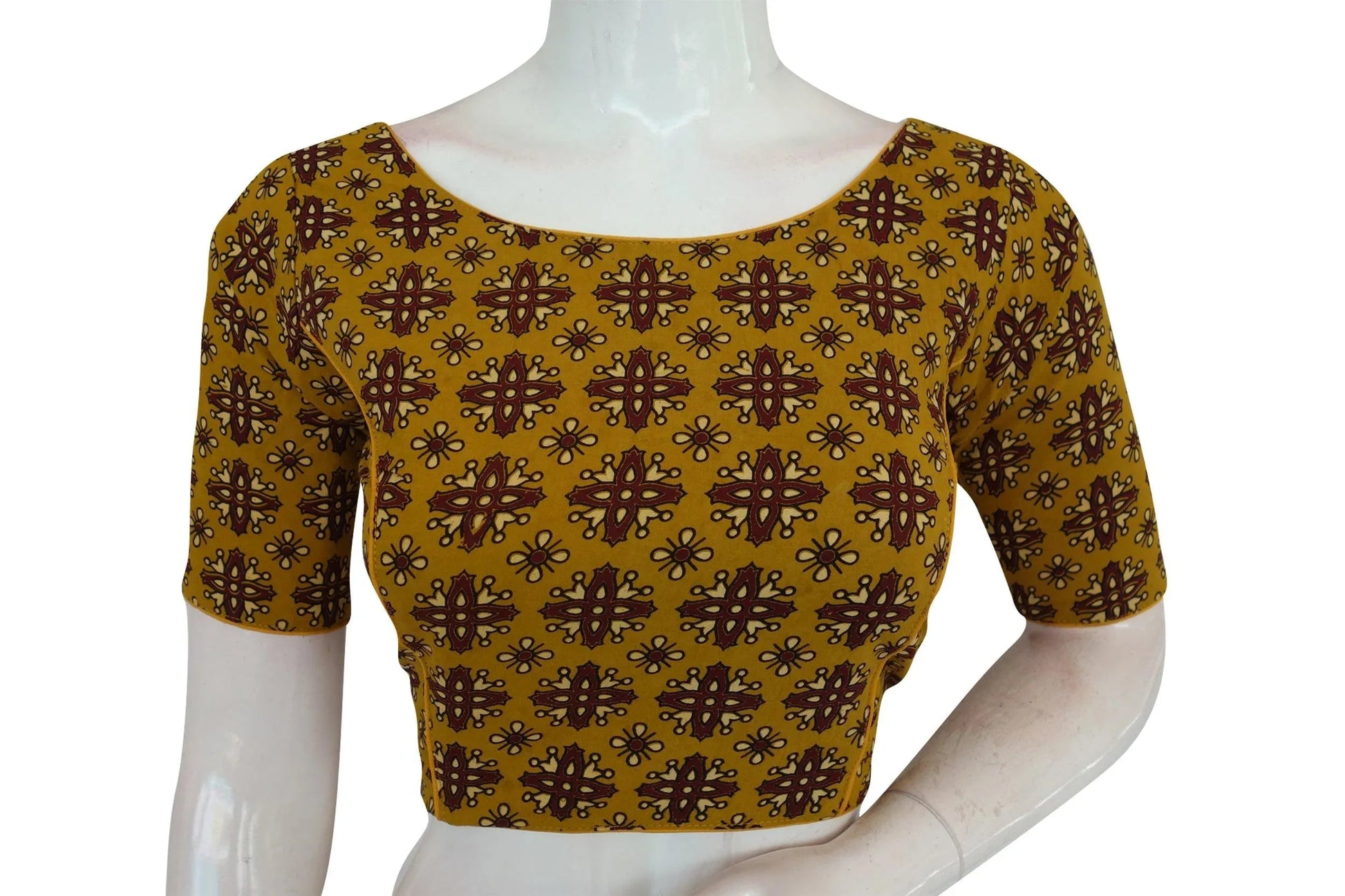 Mustard Yellow Color Ajrakh Cotton Boat Neck Saree Designer Blouse, Indian Readymade Blouse - D3blouses