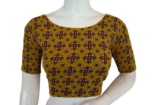 Mustard Yellow Color Ajrakh Cotton Boat Neck Saree Designer Blouse, Indian Readymade Blouse - D3blouses