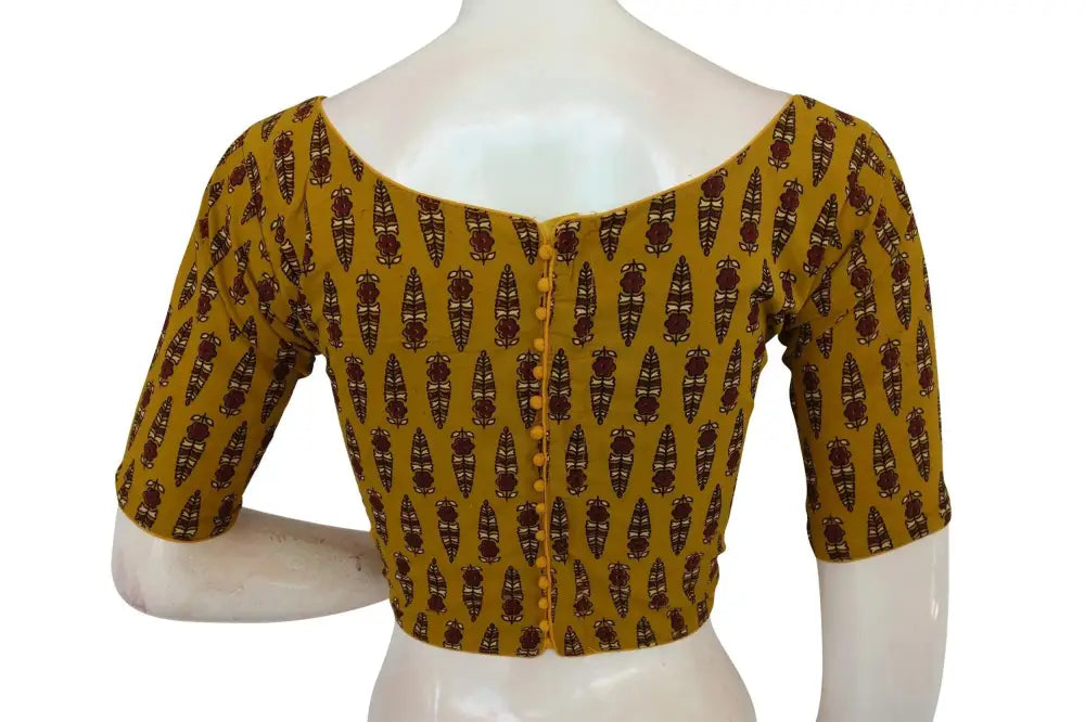 Mustard Yellow Color Ajrakh Cotton Boat Neck Saree Designer Blouse, Comfortable Summer Wear - D3blouses