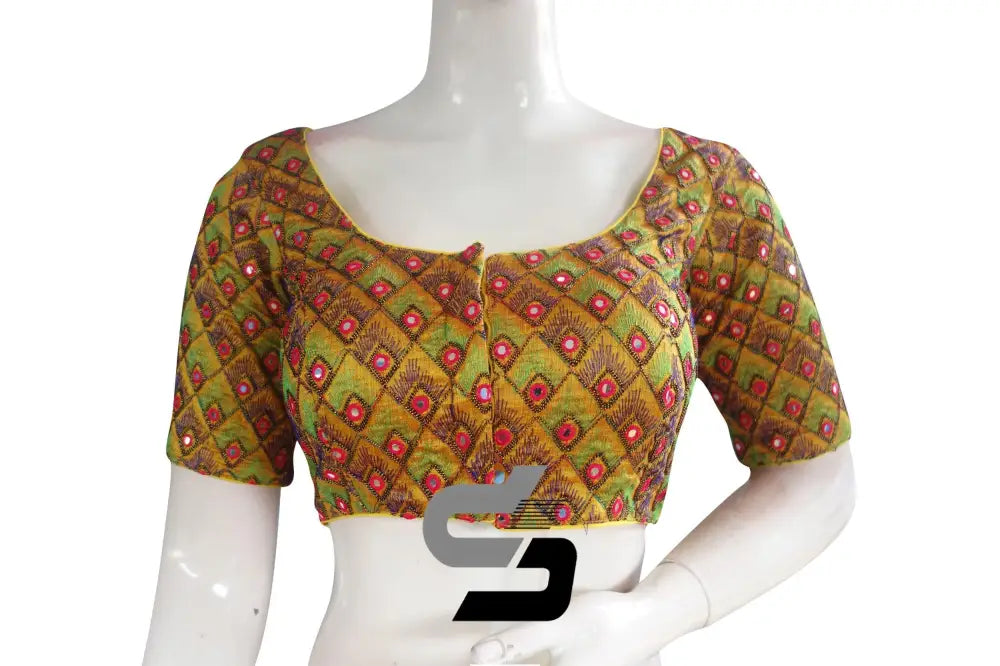 Mustard Yellow Color Peacock Embroidery Foil Mirror Readymade Saree Blouse With Matching Mask - D3blouses