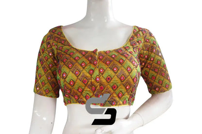 Mustard Yellow Color Peacock Embroidery Foil Mirror Readymade Saree Blouse With Matching Mask - D3blouses