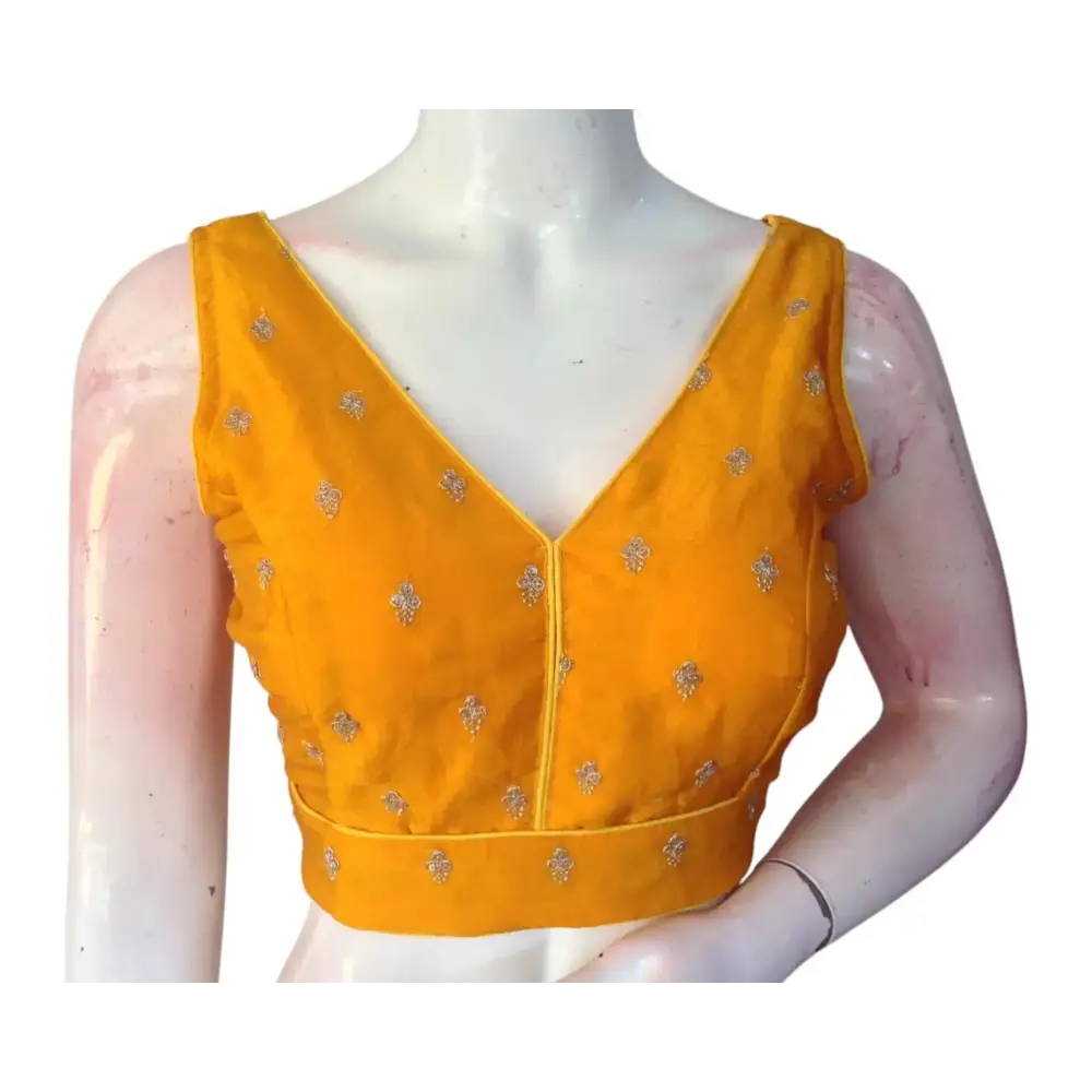 Mustard Yellow Organza Sequin Embroidered Sleeveless Readymade Blouse - D3blouses