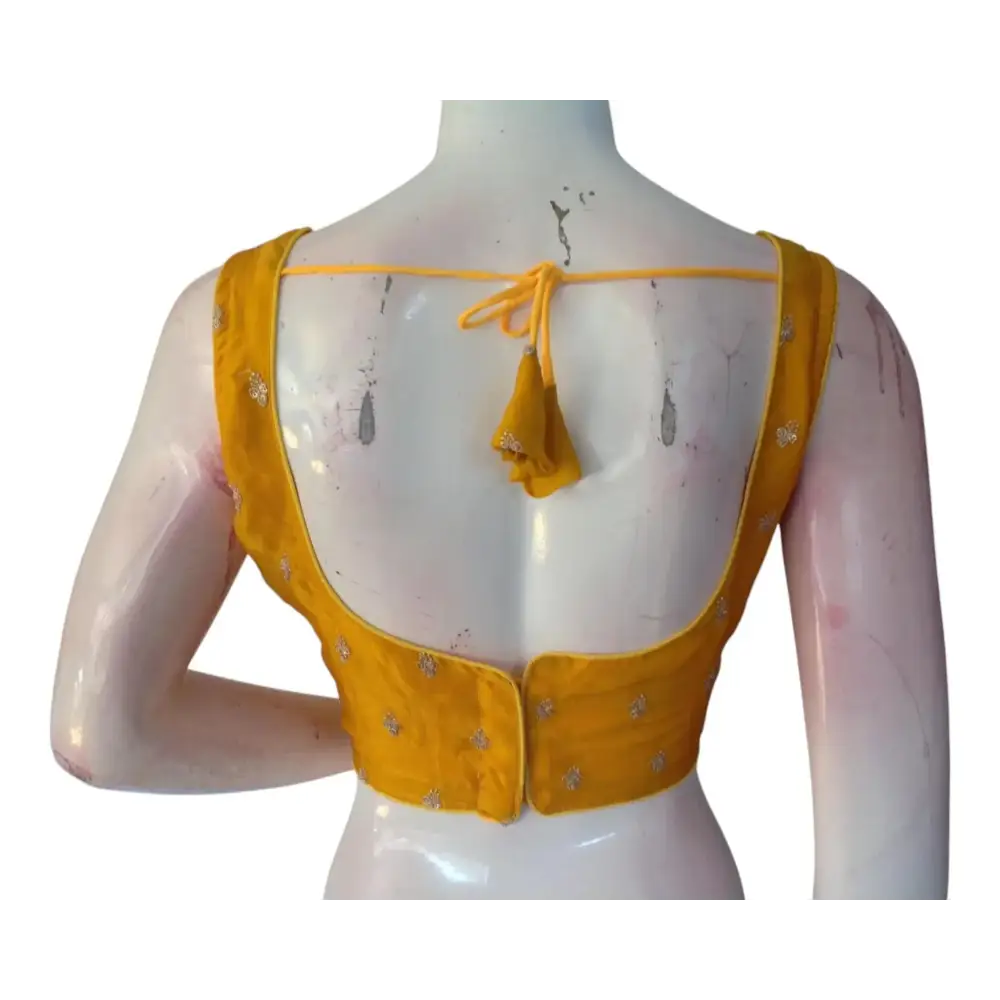 Mustard Yellow Organza Sequin Embroidered Sleeveless Readymade Blouse - D3blouses