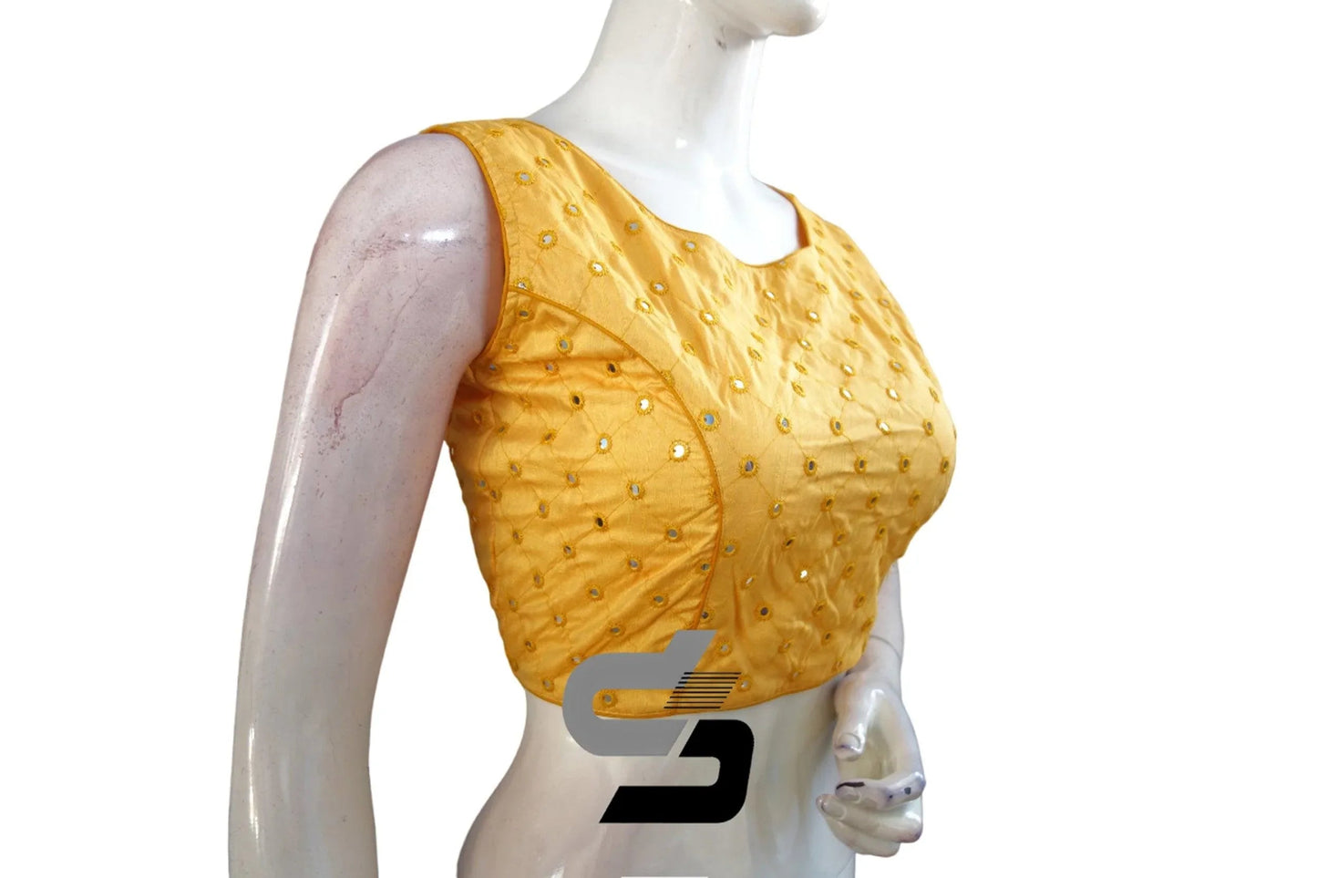 Mustard Yellow Sleeveless Semi Silk Blouse with Foil Mirror Accents, Make a Statement - D3blouses