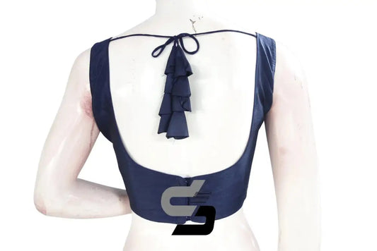 Nautical Navy Chic, Plain Semi Silk Designer Readymade Saree Blouse - D3blouses