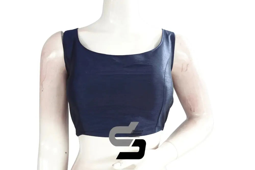 Nautical Navy Chic, Plain Semi Silk Designer Readymade Saree Blouse - D3blouses