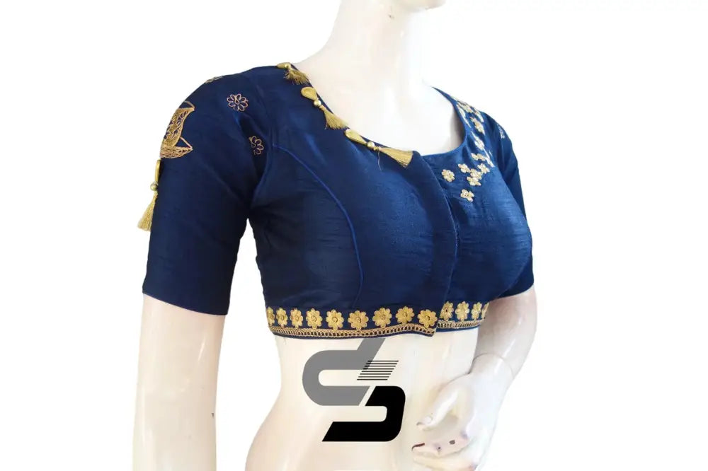 Navy Blue Bliss: High Neck Designer Semi Silk Embroidered Saree Blouses - D3blouses