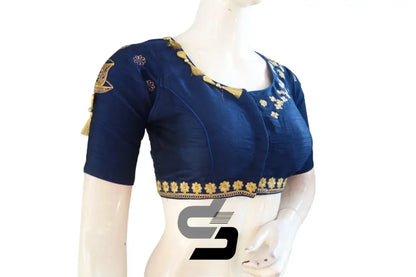 Navy Blue Bliss: High Neck Designer Semi Silk Embroidered Saree Blouses - D3blouses