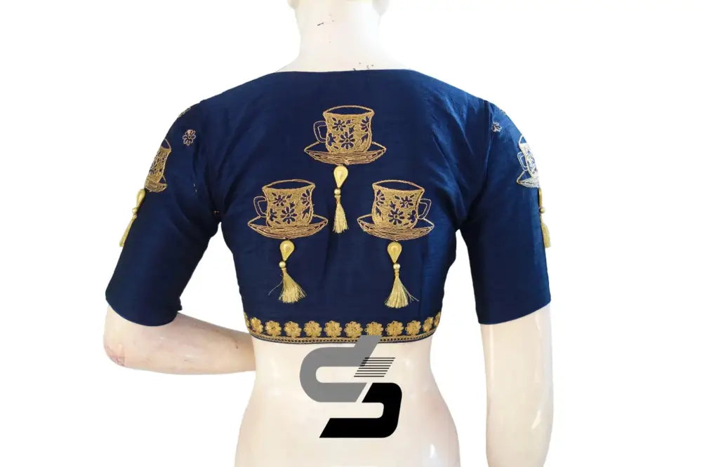 Navy Blue Bliss: High Neck Designer Semi Silk Embroidered Saree Blouses - D3blouses