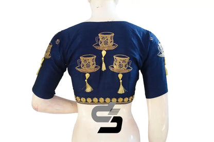 Navy Blue Bliss: High Neck Designer Semi Silk Embroidered Saree Blouses - D3blouses