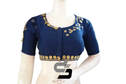 Navy Blue Bliss: High Neck Designer Semi Silk Embroidered Saree Blouses - D3blouses