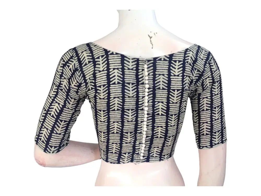 Navy Blue Boat Neck Saree Blouse | Hand loom Cotton Ready made Saree Blouse | Made in India - D3blouses