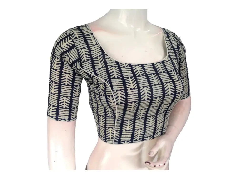 Navy Blue Boat Neck Saree Blouse | Hand loom Cotton Ready made Saree Blouse | Made in India - D3blouses