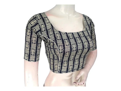 Navy Blue Boat Neck Saree Blouse | Hand loom Cotton Ready made Saree Blouse | Made in India - D3blouses