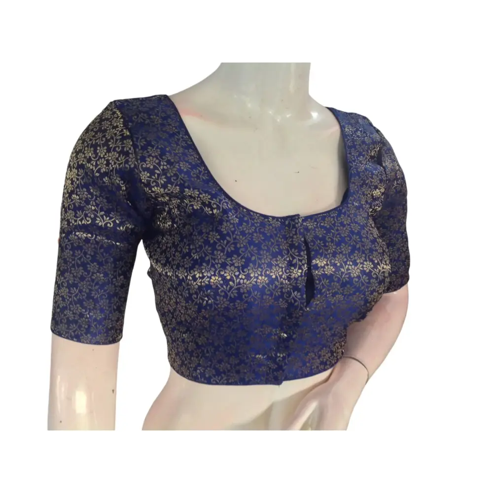Navy Blue Brocade Silk Readymade Saree Blouse: A Classic Choice - D3blouses