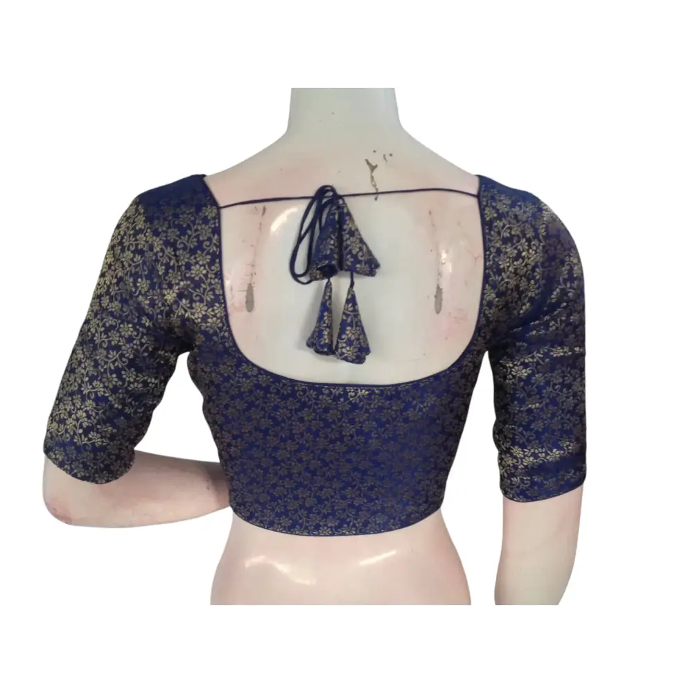 Navy Blue Brocade Silk Readymade Saree Blouse: A Classic Choice - D3blouses