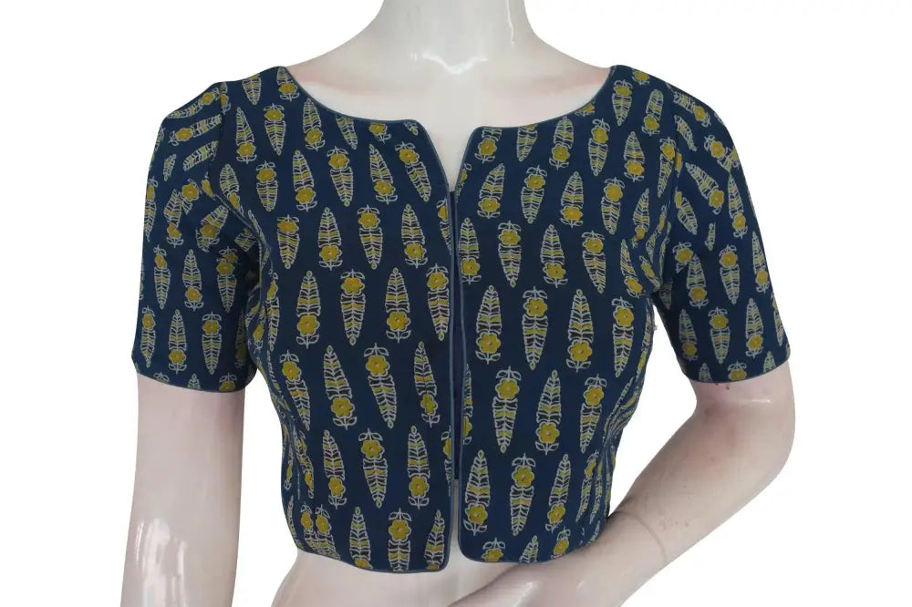 Navy Blue Color Ajrakh Boat Neck Cotton Readymade Blouse, Designer Blouse Online - D3blouses