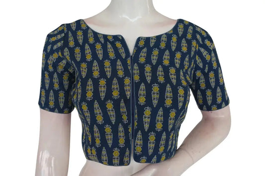 Navy Blue Color Ajrakh Boat Neck Cotton Readymade Blouse, Designer Blouse Online - D3blouses